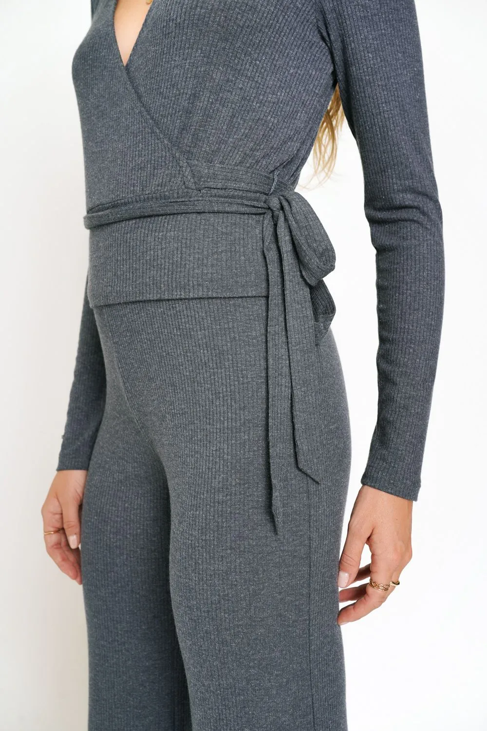Mystree Wrap Tie Front Long Sleeve Rib Top In Deep Blue