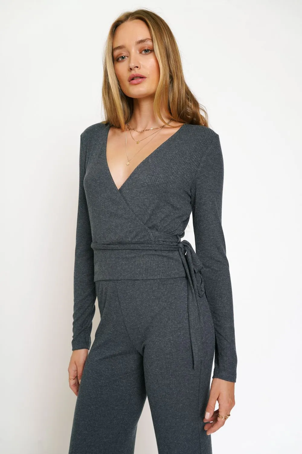 Mystree Wrap Tie Front Long Sleeve Rib Top In Deep Blue