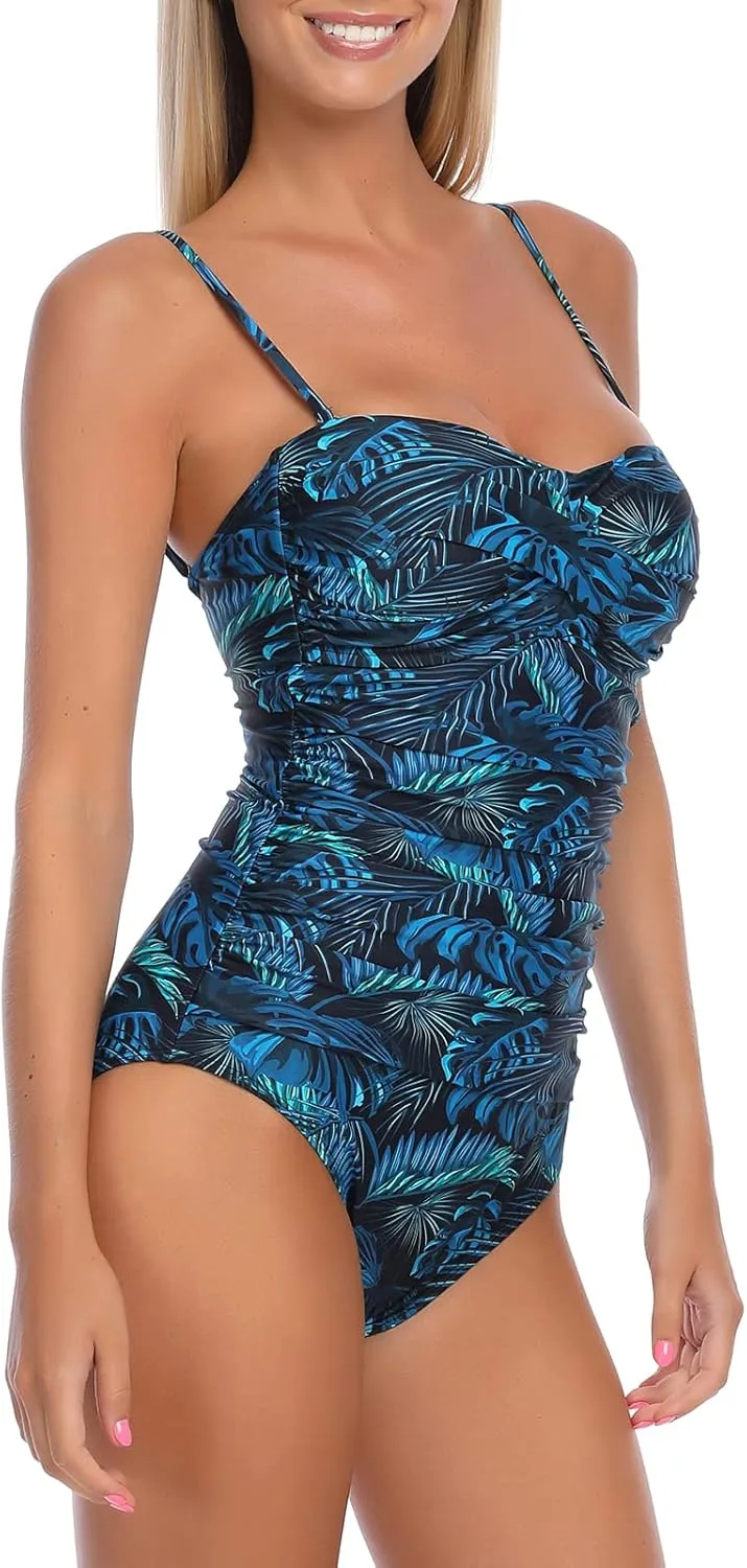 Ocean Blues Womens Bandeau One Pieces Swimsuit Molded Cups Shirring Tummy Control Bathing Suit