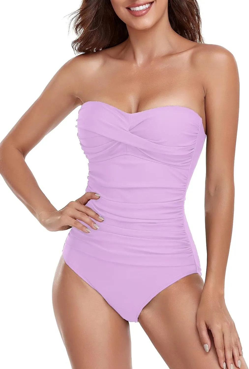 Ocean Blues Womens Bandeau One Pieces Swimsuit Molded Cups Shirring Tummy Control Bathing Suit