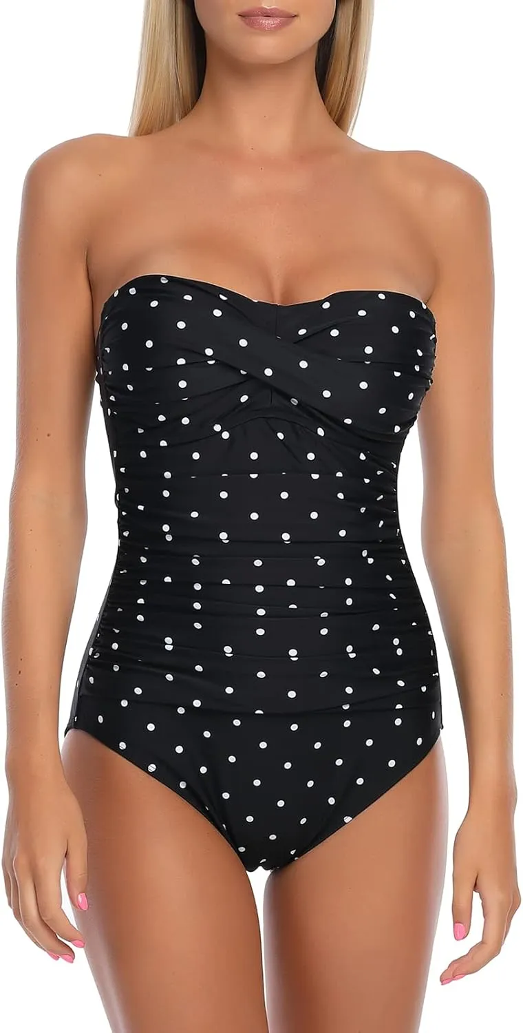 Ocean Blues Womens Bandeau One Pieces Swimsuit Molded Cups Shirring Tummy Control Bathing Suit
