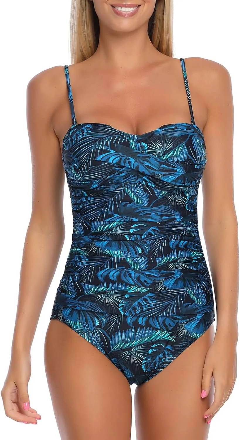 Ocean Blues Womens Bandeau One Pieces Swimsuit Molded Cups Shirring Tummy Control Bathing Suit