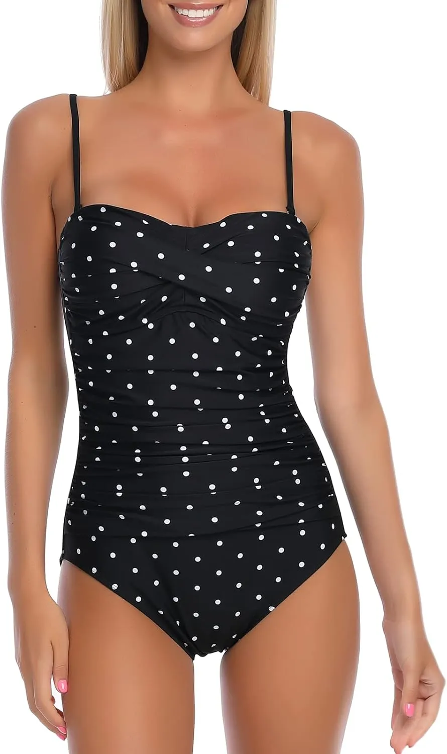 Ocean Blues Womens Bandeau One Pieces Swimsuit Molded Cups Shirring Tummy Control Bathing Suit