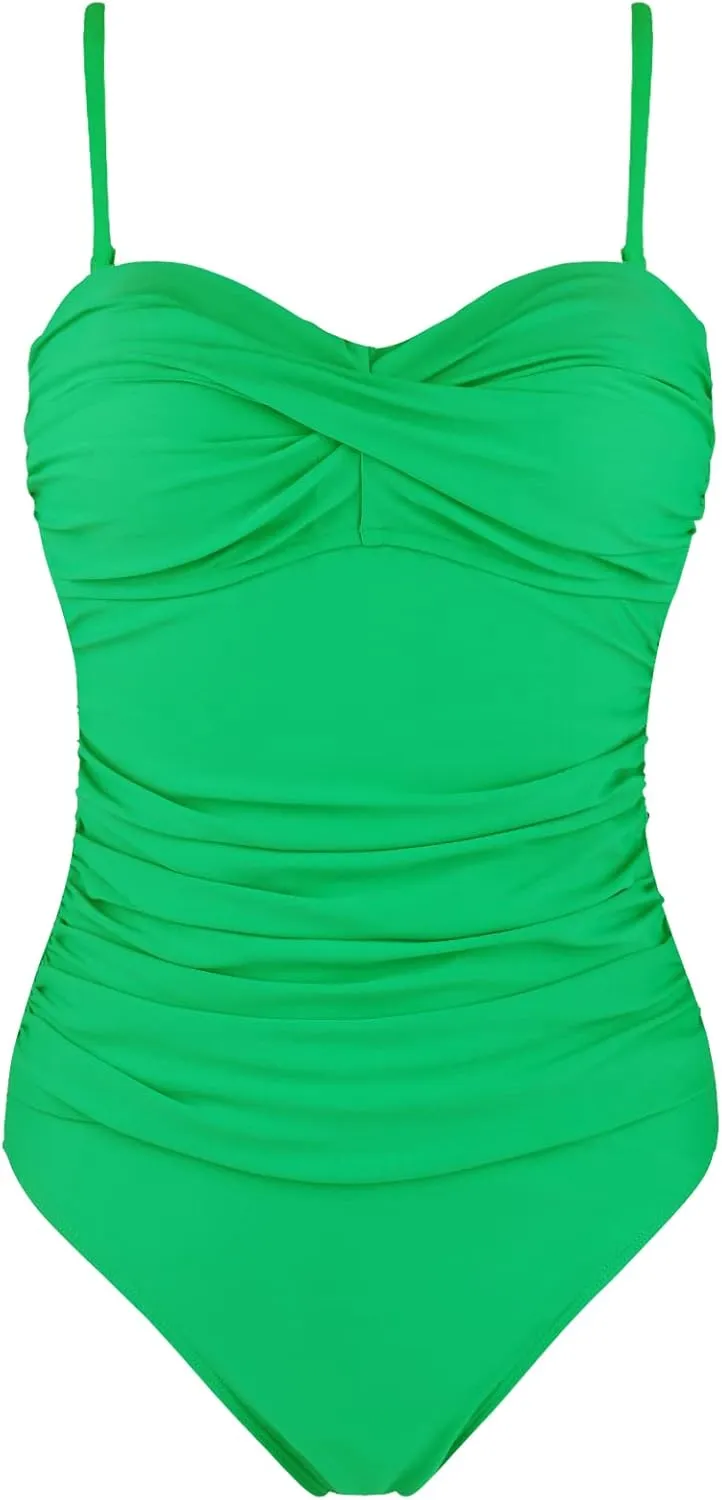 Ocean Blues Womens Bandeau One Pieces Swimsuit Molded Cups Shirring Tummy Control Bathing Suit