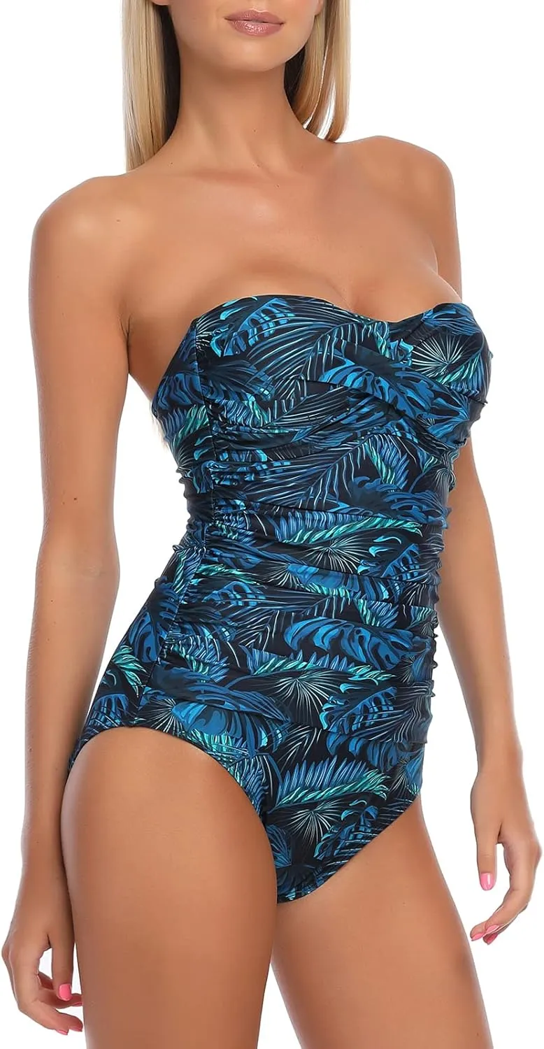 Ocean Blues Womens Bandeau One Pieces Swimsuit Molded Cups Shirring Tummy Control Bathing Suit