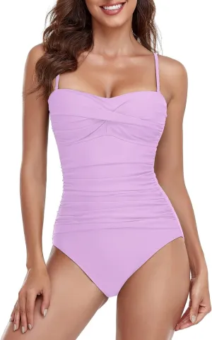 Ocean Blues Womens Bandeau One Pieces Swimsuit Molded Cups Shirring Tummy Control Bathing Suit
