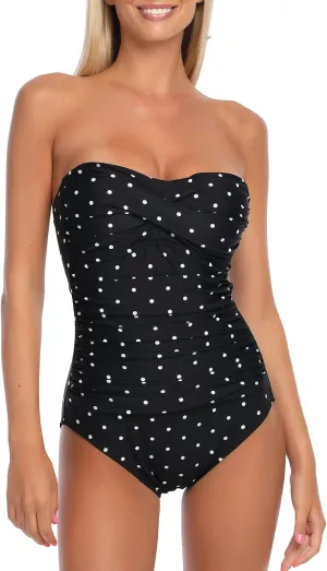 Ocean Blues Womens Bandeau One Pieces Swimsuit Molded Cups Shirring Tummy Control Bathing Suit