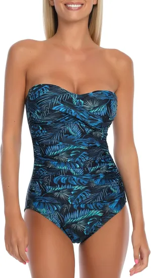Ocean Blues Womens Bandeau One Pieces Swimsuit Molded Cups Shirring Tummy Control Bathing Suit