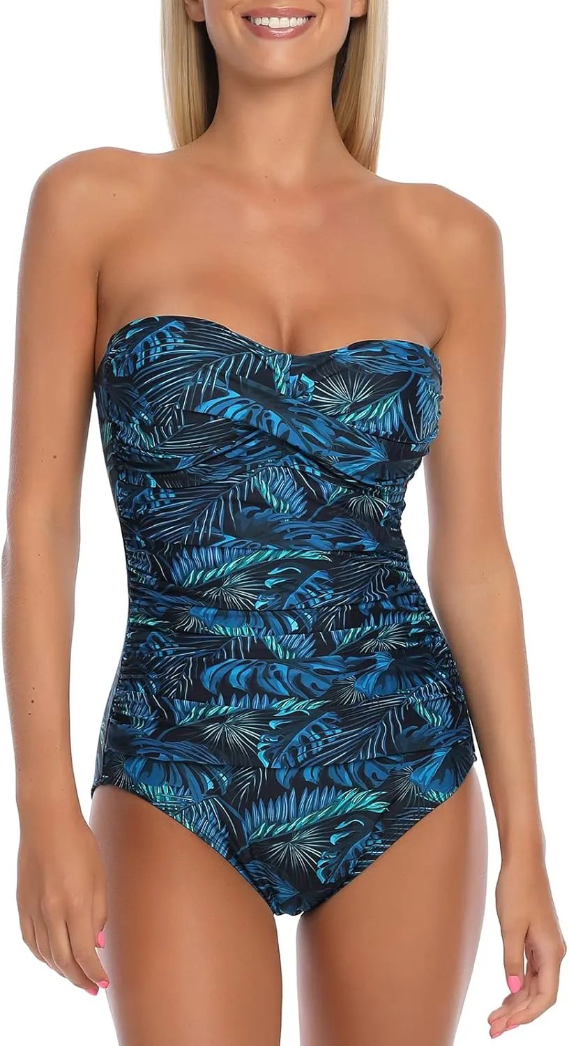 Ocean Blues Womens Bandeau One Pieces Swimsuit Molded Cups Shirring Tummy Control Bathing Suit