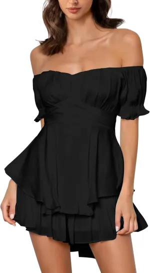 Off the Shoulder Rompers for Women Dressy Short/Long Sleeve Romper Ruffle Layer Back Tie Mini Short Jumpsuits