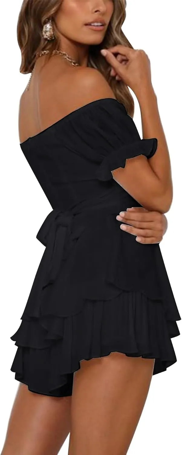 Off the Shoulder Rompers for Women Dressy Short/Long Sleeve Romper Ruffle Layer Back Tie Mini Short Jumpsuits