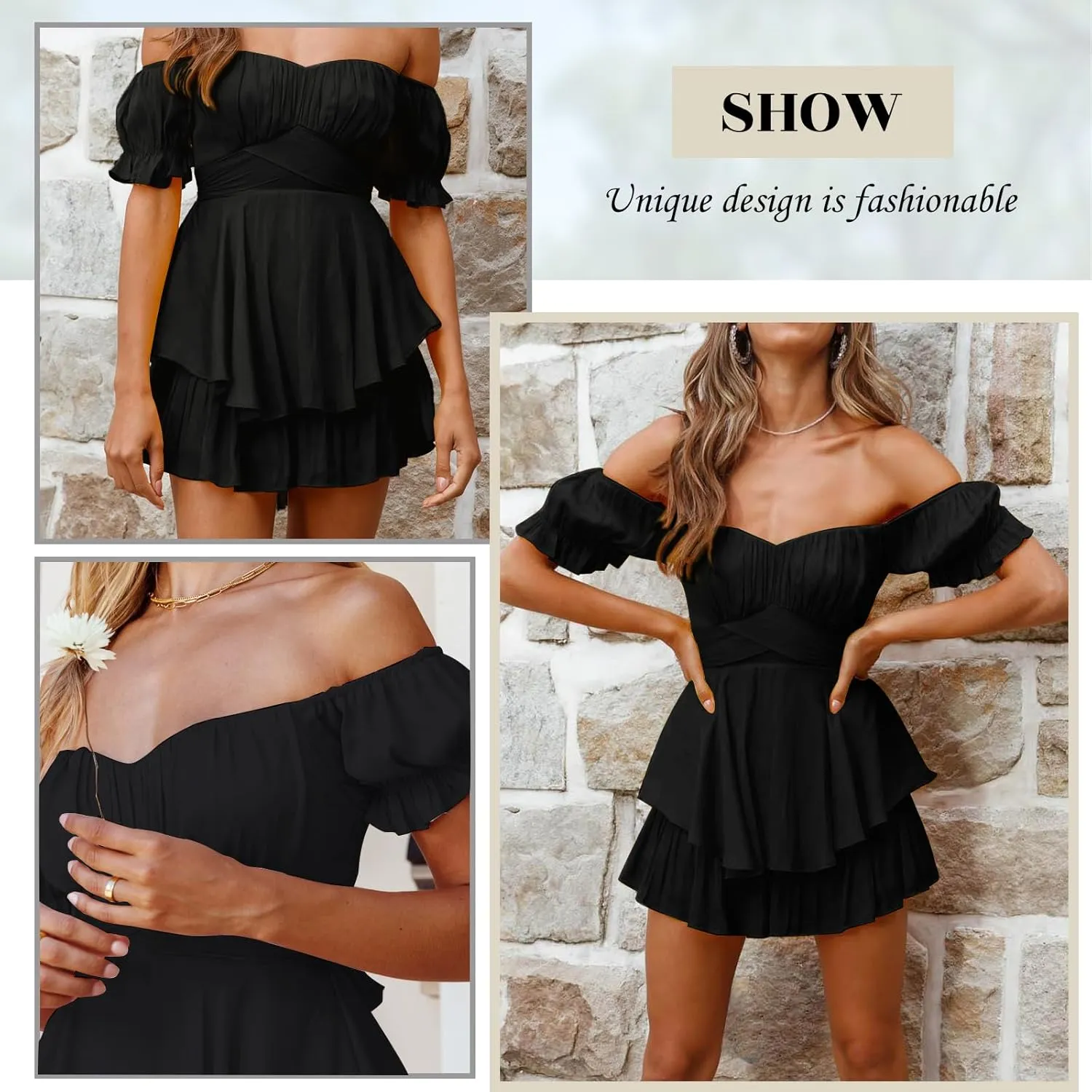 Off the Shoulder Rompers for Women Dressy Short/Long Sleeve Romper Ruffle Layer Back Tie Mini Short Jumpsuits