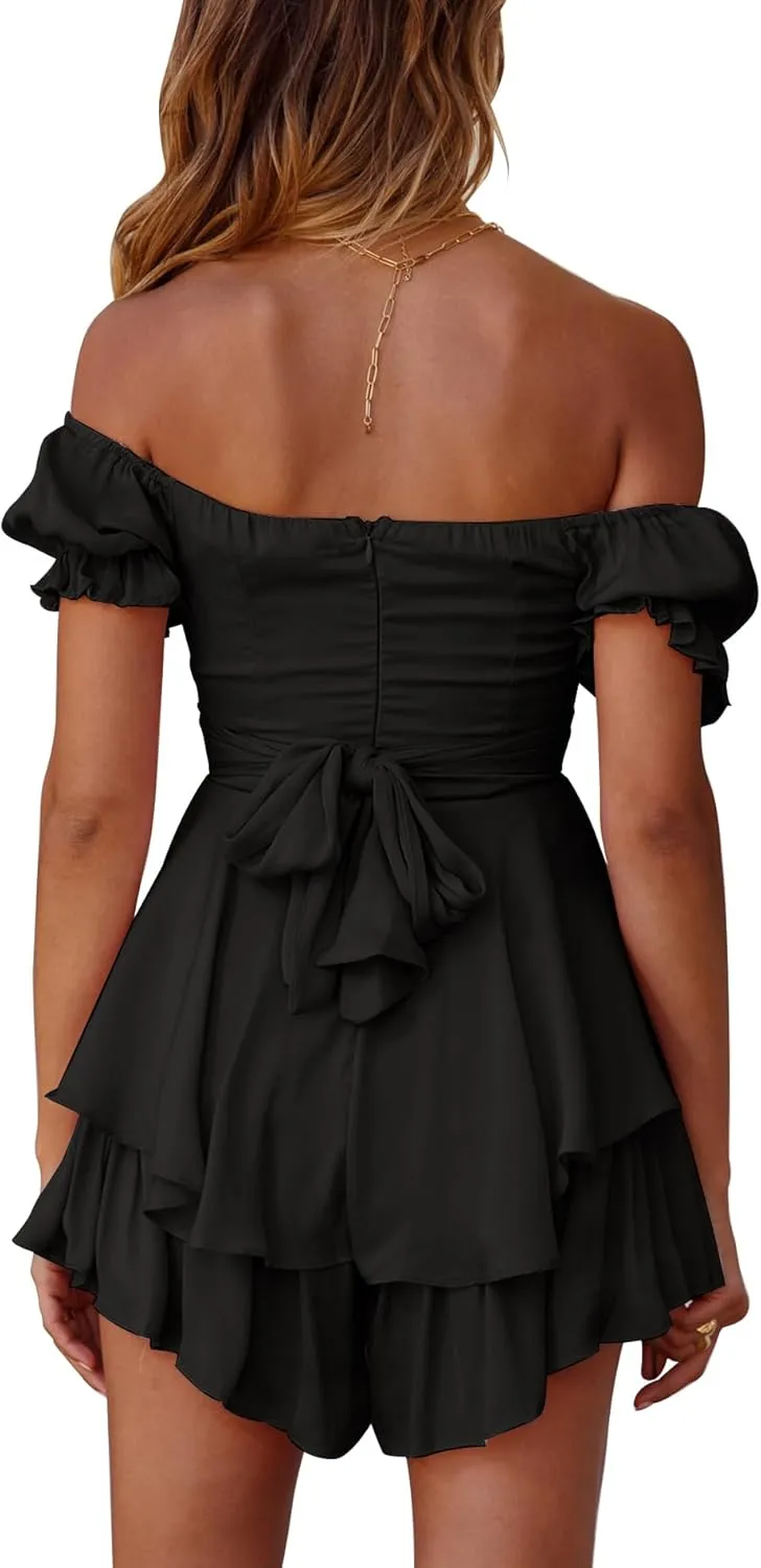 Off the Shoulder Rompers for Women Dressy Short/Long Sleeve Romper Ruffle Layer Back Tie Mini Short Jumpsuits