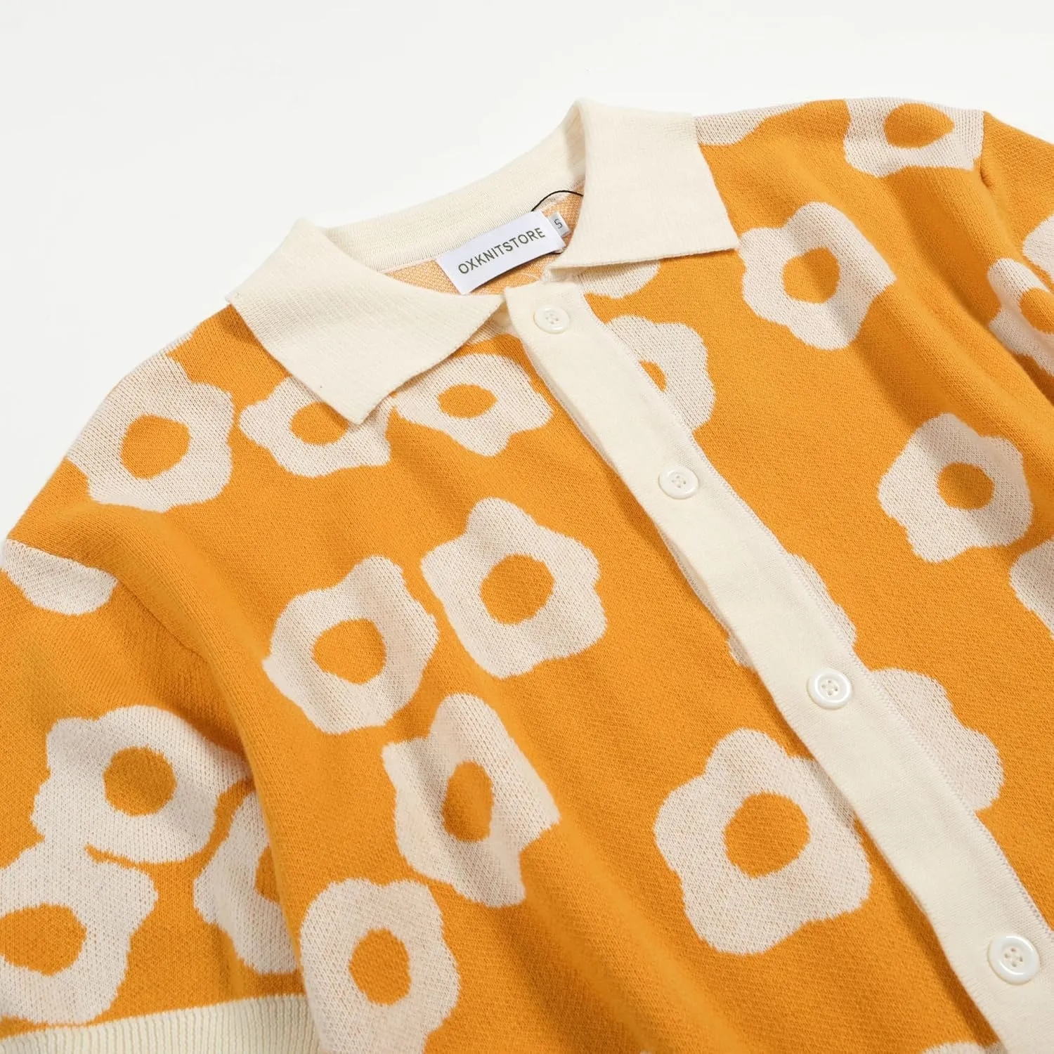 OXKNIT Mens Vintage Polo Shirts Casual Flower Pattern Knit Golf Polo Shirts Short Sleeve Jacquard Design