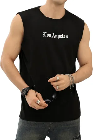 OYOANGLE Men's Letter Graphic Print Tank Top Crew Neck Sleeveless T-Shirts Summer Tops Streetwear