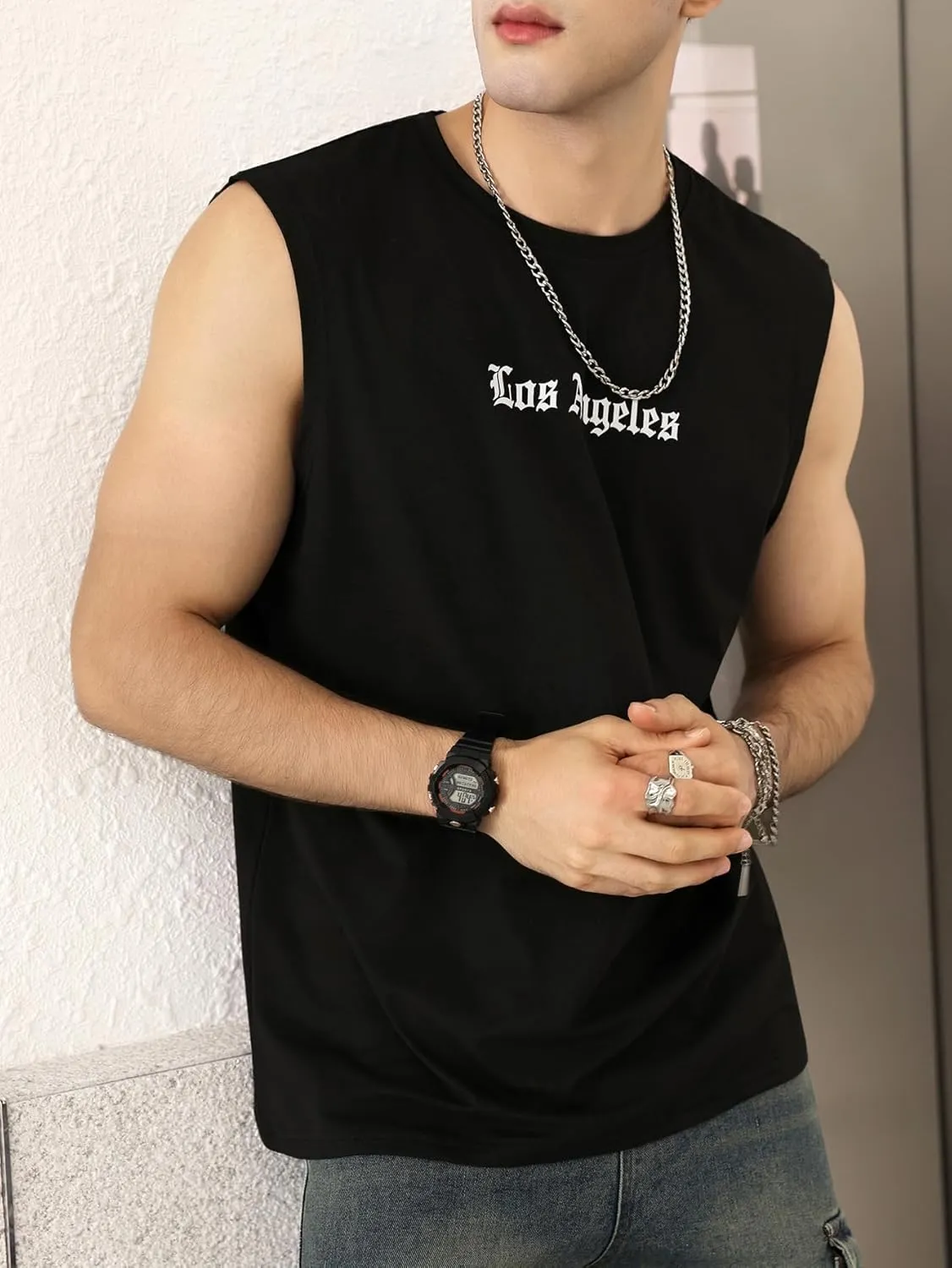 OYOANGLE Men's Letter Graphic Print Tank Top Crew Neck Sleeveless T-Shirts Summer Tops Streetwear