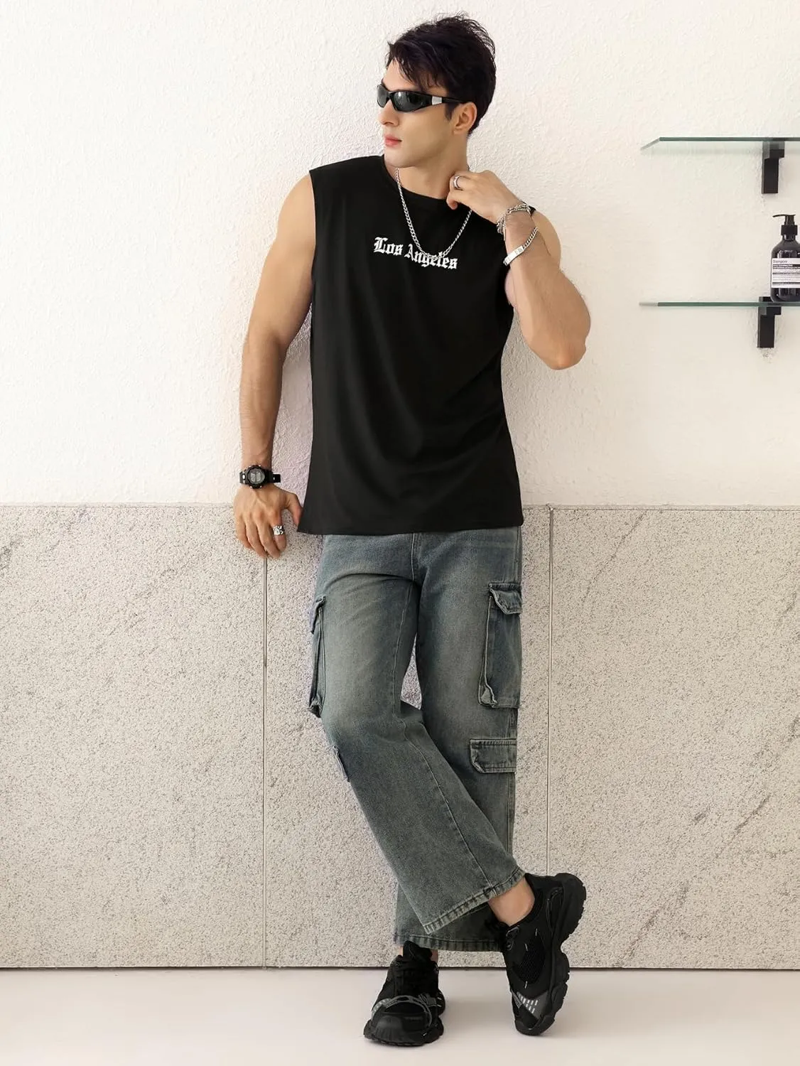 OYOANGLE Men's Letter Graphic Print Tank Top Crew Neck Sleeveless T-Shirts Summer Tops Streetwear