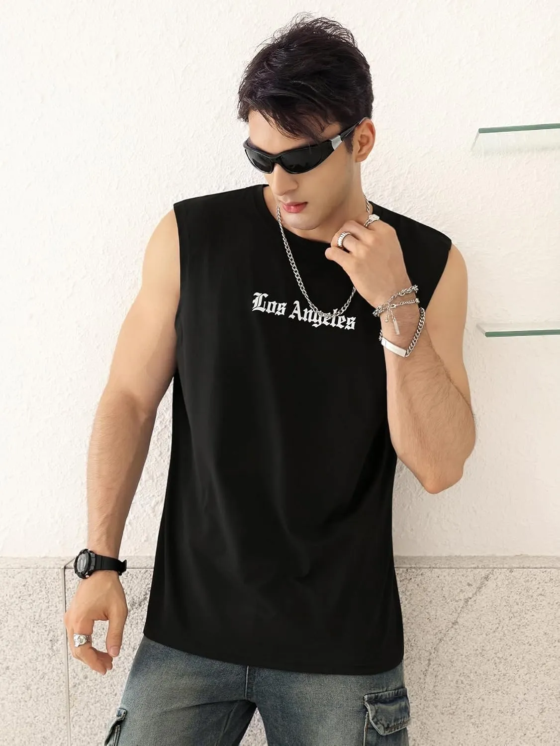 OYOANGLE Men's Letter Graphic Print Tank Top Crew Neck Sleeveless T-Shirts Summer Tops Streetwear