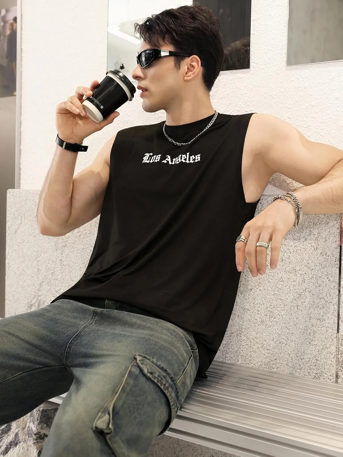 OYOANGLE Men's Letter Graphic Print Tank Top Crew Neck Sleeveless T-Shirts Summer Tops Streetwear