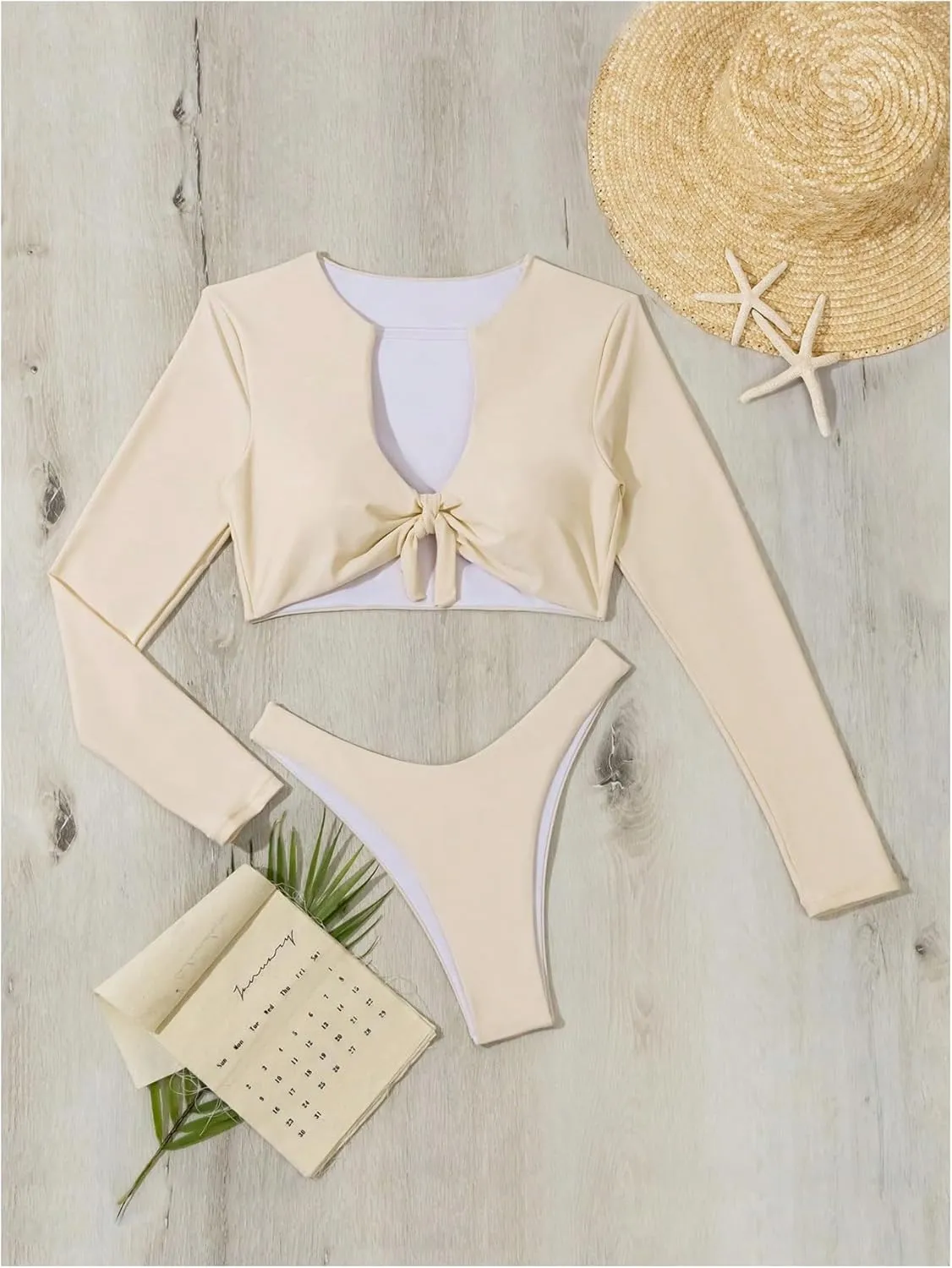 OYOANGLE Women's 2 Piece Long Sleeve Swimsuits Tie Front Crop Rash Guard Swimsuits Swimwear