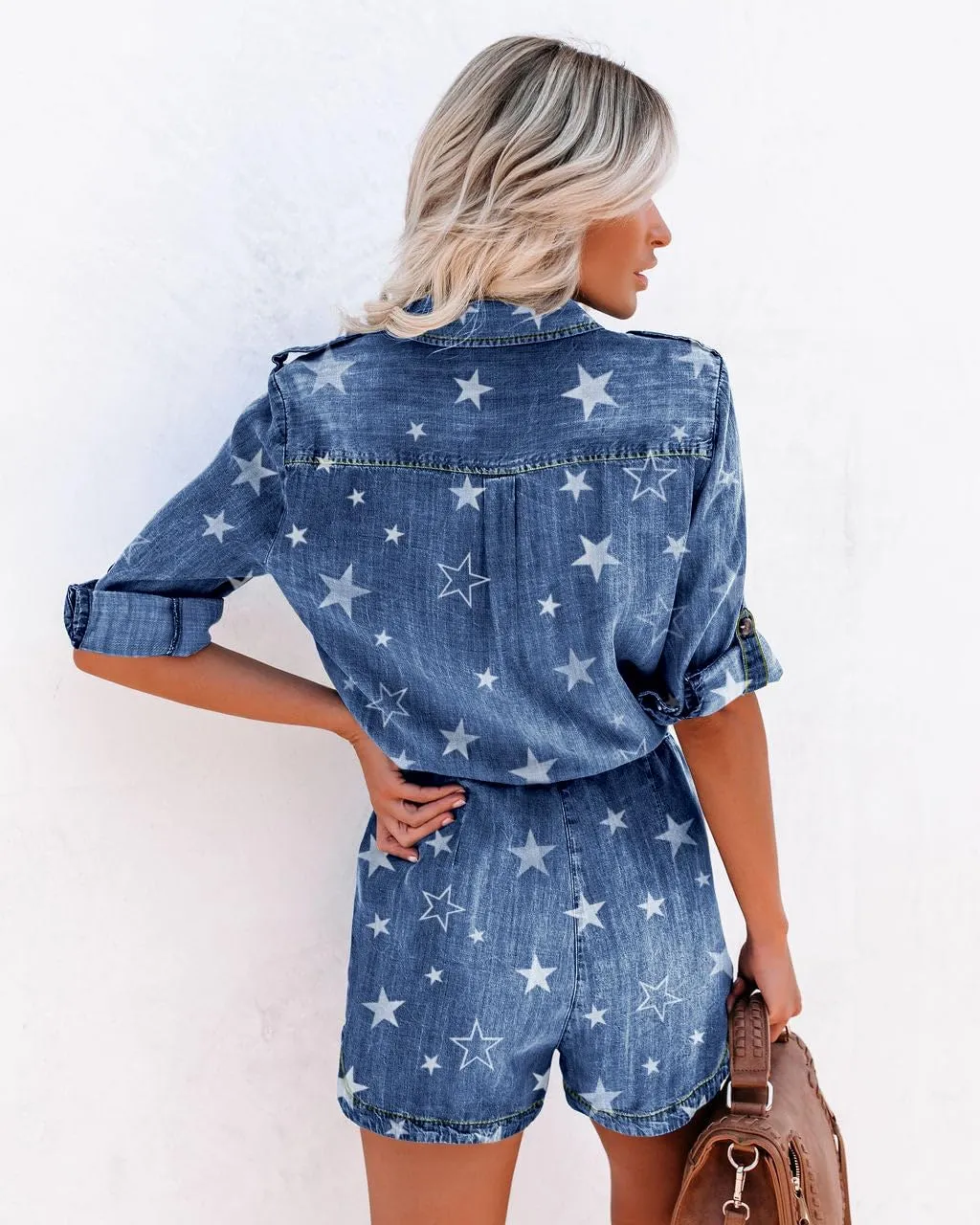 Paintcolors Women's Button Down Pockets Belted Washed Denim Jumpsuits Rompers