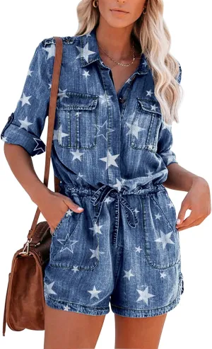 Paintcolors Women's Button Down Pockets Belted Washed Denim Jumpsuits Rompers