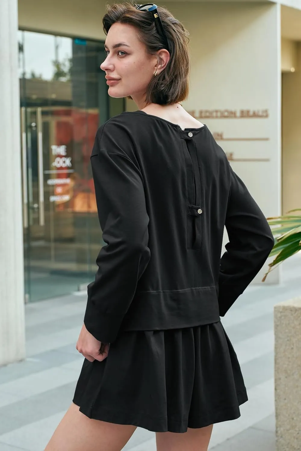 Panadila Womens Long Sleeve Short Romper Dress Oversized Crewneck One Piece Jumpsuit Open Back Layered Casual Outfits
