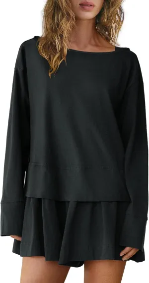 Panadila Womens Long Sleeve Short Romper Dress Oversized Crewneck One Piece Jumpsuit Open Back Layered Casual Outfits