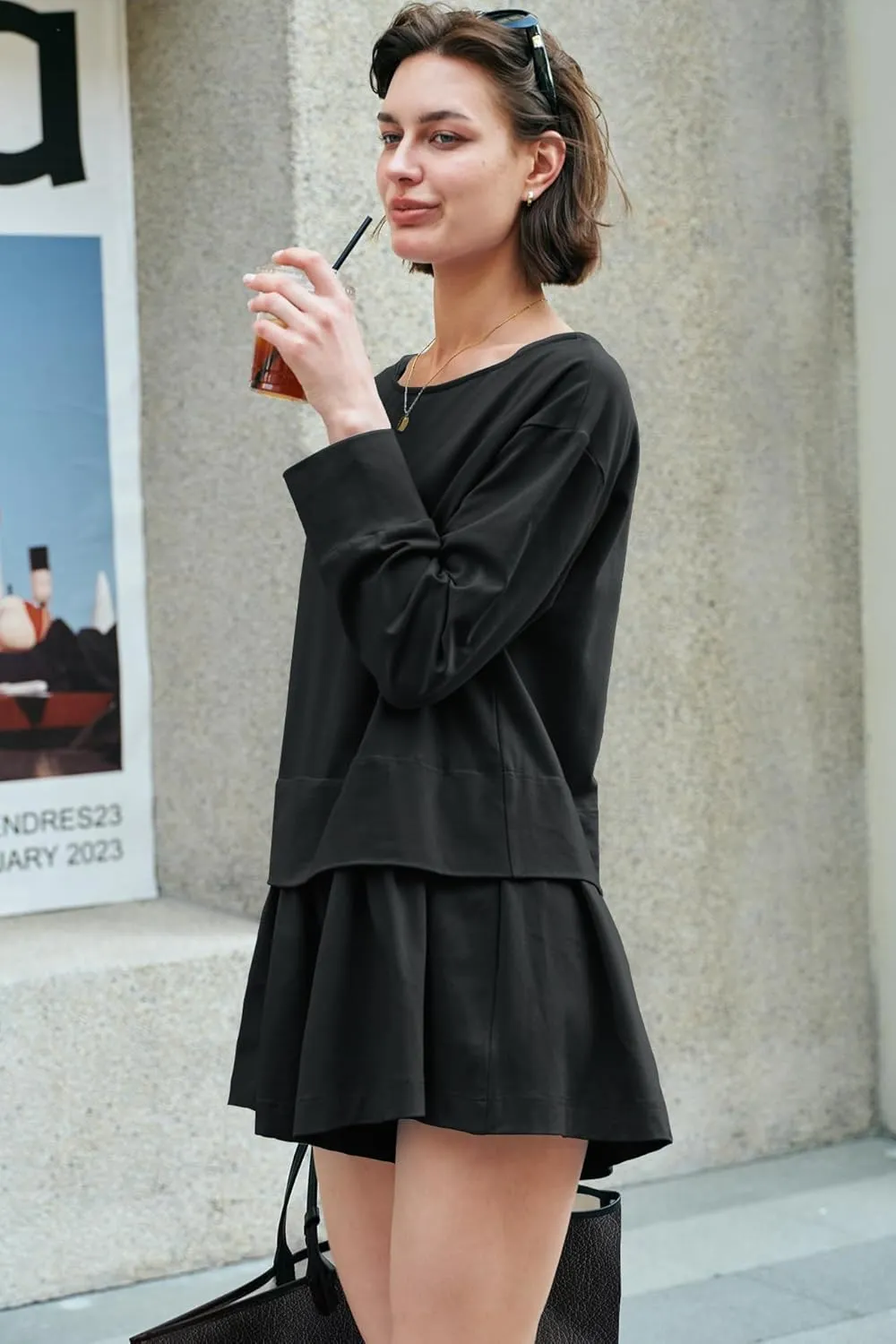 Panadila Womens Long Sleeve Short Romper Dress Oversized Crewneck One Piece Jumpsuit Open Back Layered Casual Outfits