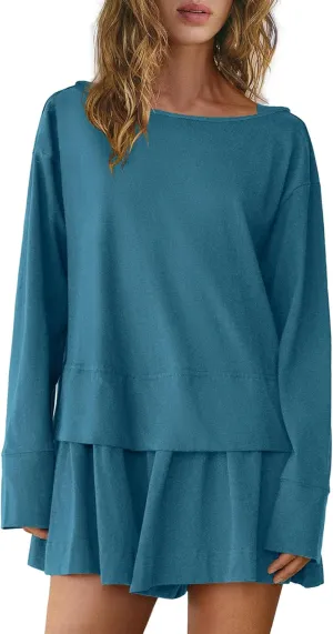 Panadila Womens Long Sleeve Short Romper Dress Oversized Crewneck One Piece Jumpsuit Open Back Layered Casual Outfits
