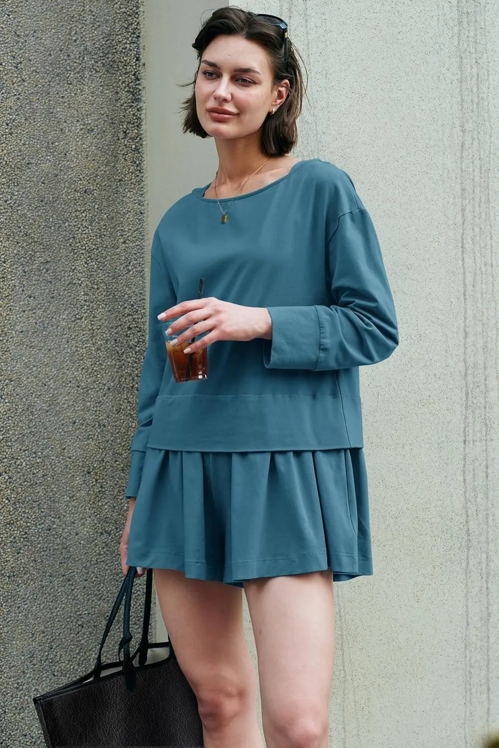 Panadila Womens Long Sleeve Short Romper Dress Oversized Crewneck One Piece Jumpsuit Open Back Layered Casual Outfits