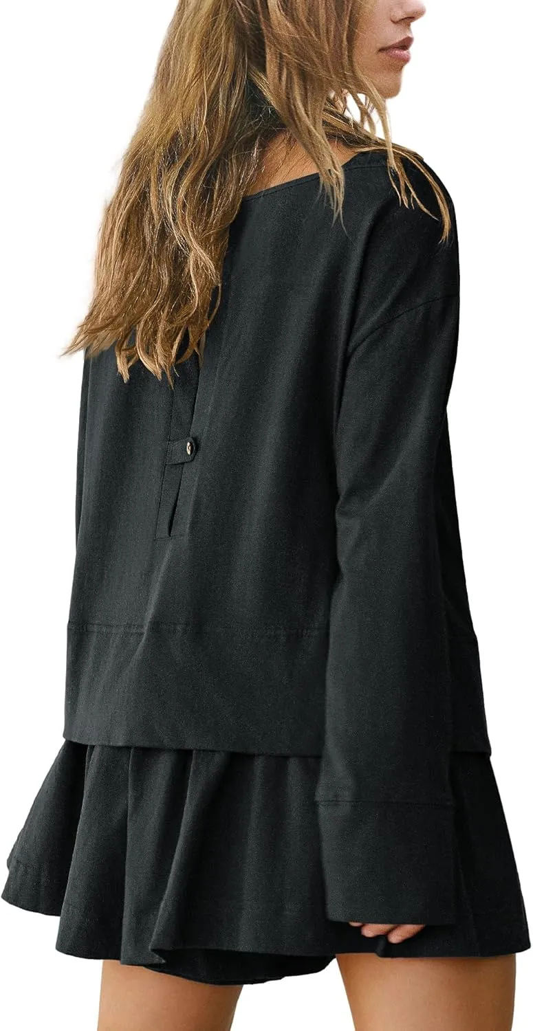 Panadila Womens Long Sleeve Short Romper Dress Oversized Crewneck One Piece Jumpsuit Open Back Layered Casual Outfits