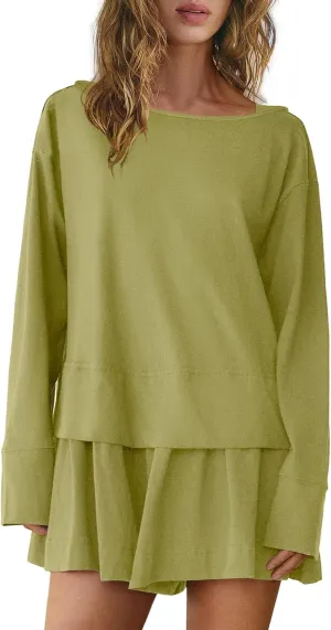 Panadila Womens Long Sleeve Short Romper Dress Oversized Crewneck One Piece Jumpsuit Open Back Layered Casual Outfits