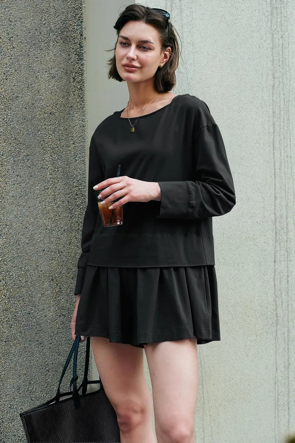 Panadila Womens Long Sleeve Short Romper Dress Oversized Crewneck One Piece Jumpsuit Open Back Layered Casual Outfits