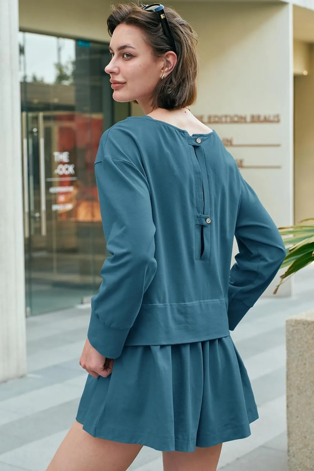 Panadila Womens Long Sleeve Short Romper Dress Oversized Crewneck One Piece Jumpsuit Open Back Layered Casual Outfits