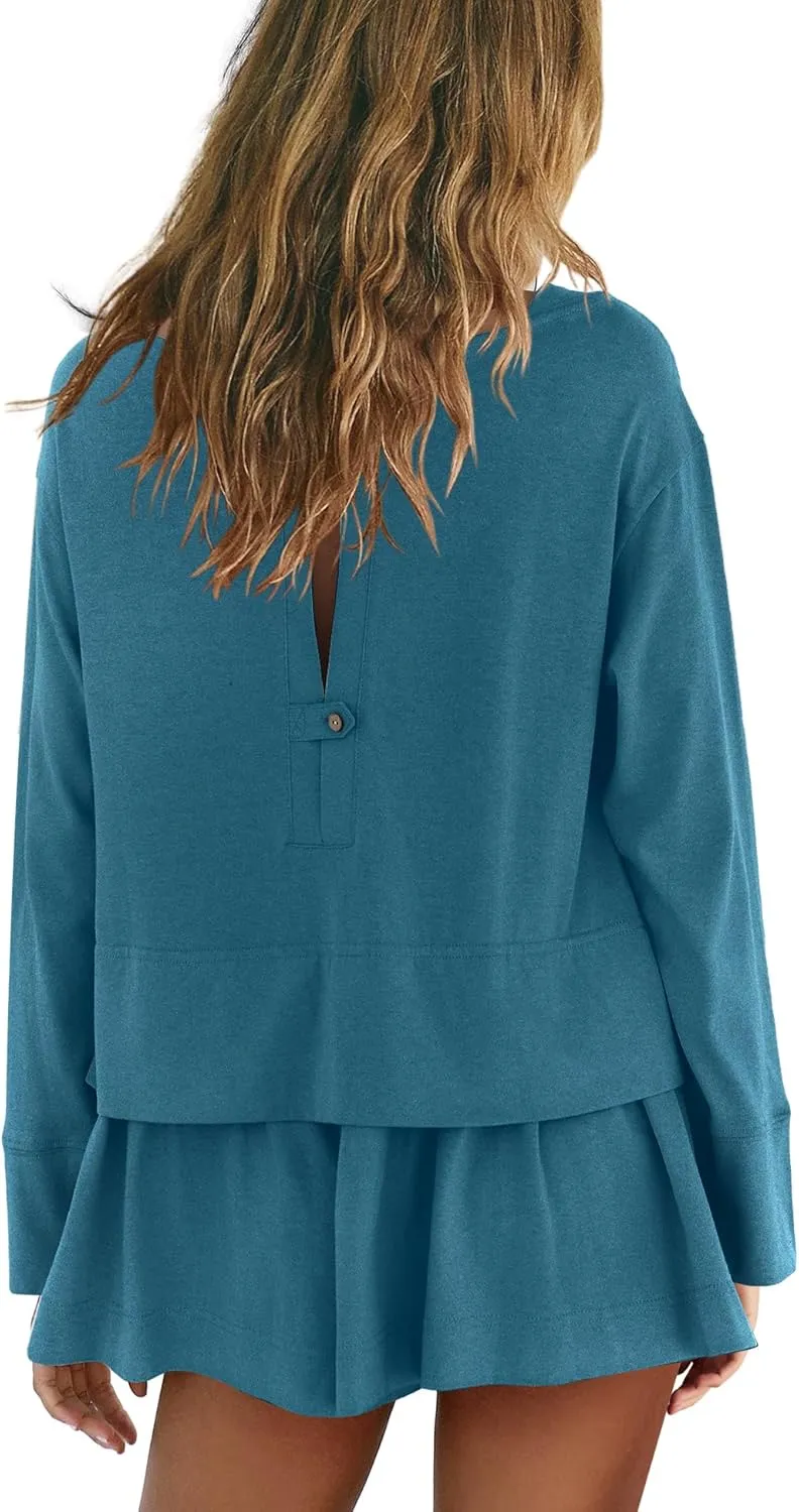 Panadila Womens Long Sleeve Short Romper Dress Oversized Crewneck One Piece Jumpsuit Open Back Layered Casual Outfits