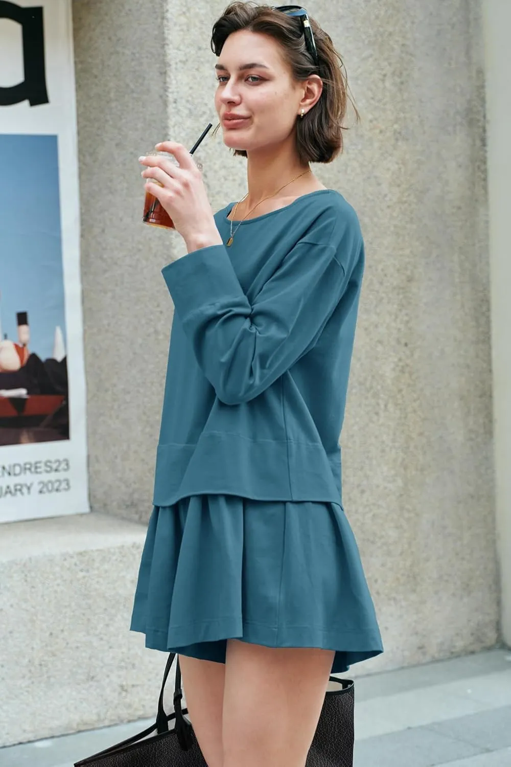 Panadila Womens Long Sleeve Short Romper Dress Oversized Crewneck One Piece Jumpsuit Open Back Layered Casual Outfits