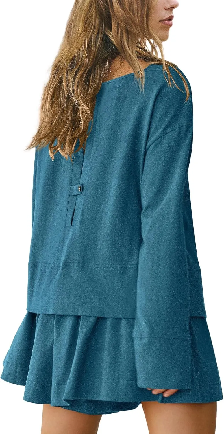 Panadila Womens Long Sleeve Short Romper Dress Oversized Crewneck One Piece Jumpsuit Open Back Layered Casual Outfits