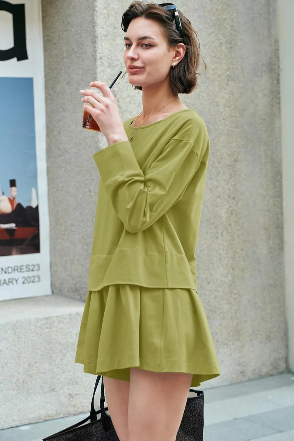 Panadila Womens Long Sleeve Short Romper Dress Oversized Crewneck One Piece Jumpsuit Open Back Layered Casual Outfits