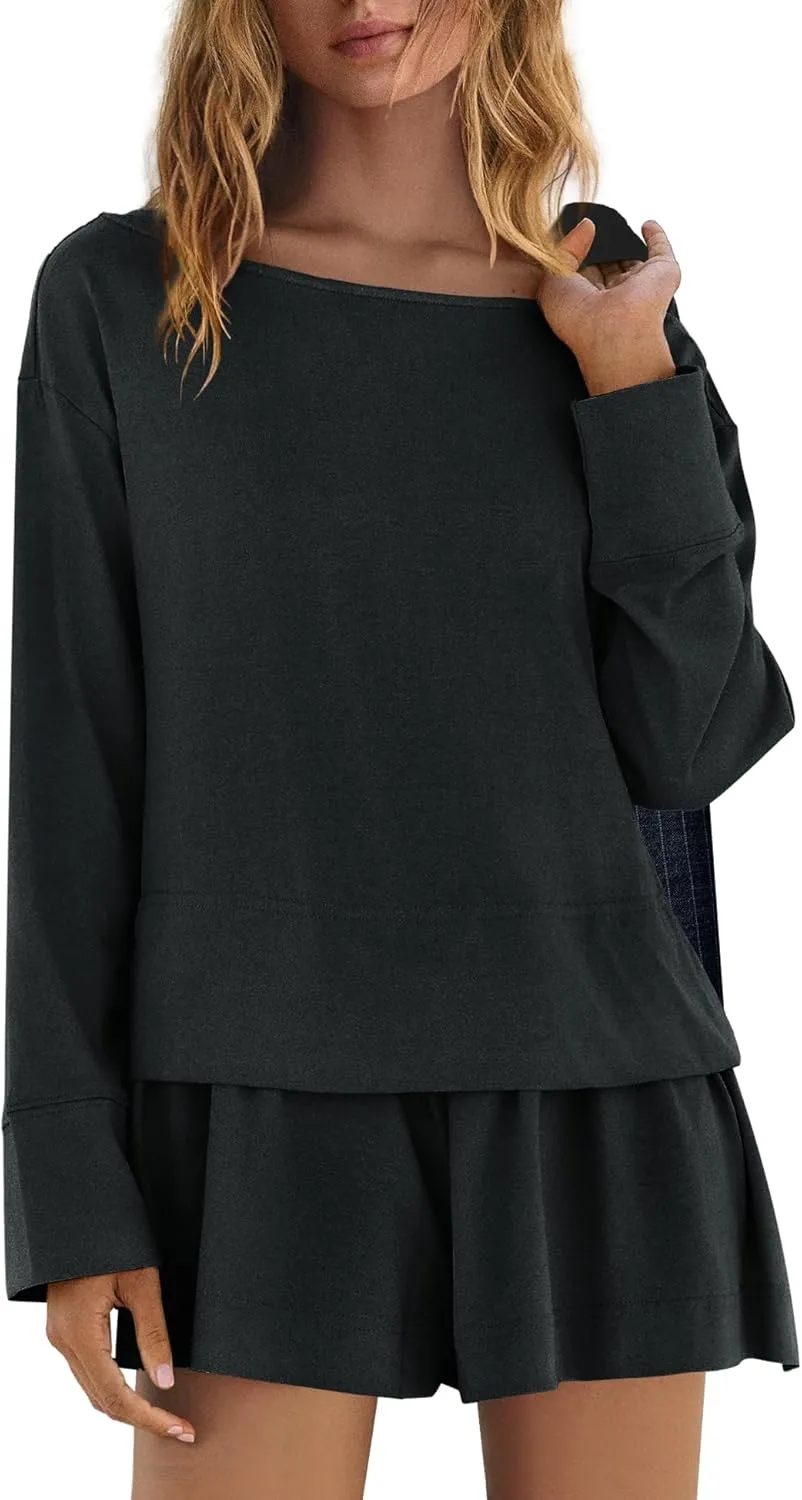 Panadila Womens Long Sleeve Short Romper Dress Oversized Crewneck One Piece Jumpsuit Open Back Layered Casual Outfits