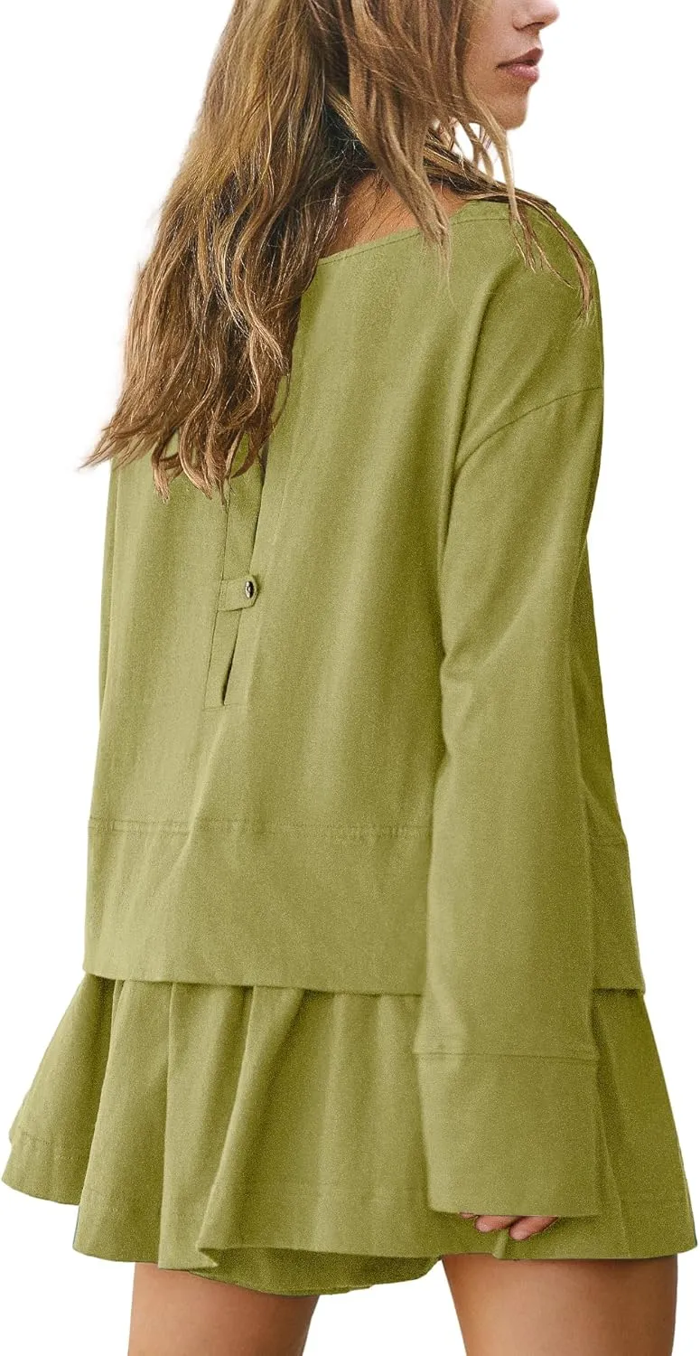 Panadila Womens Long Sleeve Short Romper Dress Oversized Crewneck One Piece Jumpsuit Open Back Layered Casual Outfits