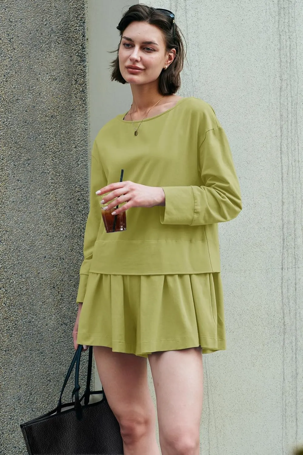 Panadila Womens Long Sleeve Short Romper Dress Oversized Crewneck One Piece Jumpsuit Open Back Layered Casual Outfits