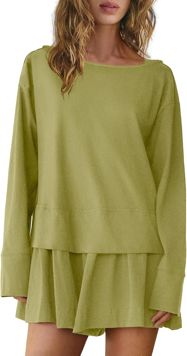 Panadila Womens Long Sleeve Short Romper Dress Oversized Crewneck One Piece Jumpsuit Open Back Layered Casual Outfits