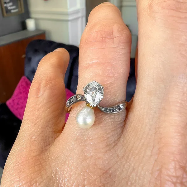 Pearl & Antique Pear Diamond Crossover Ring
