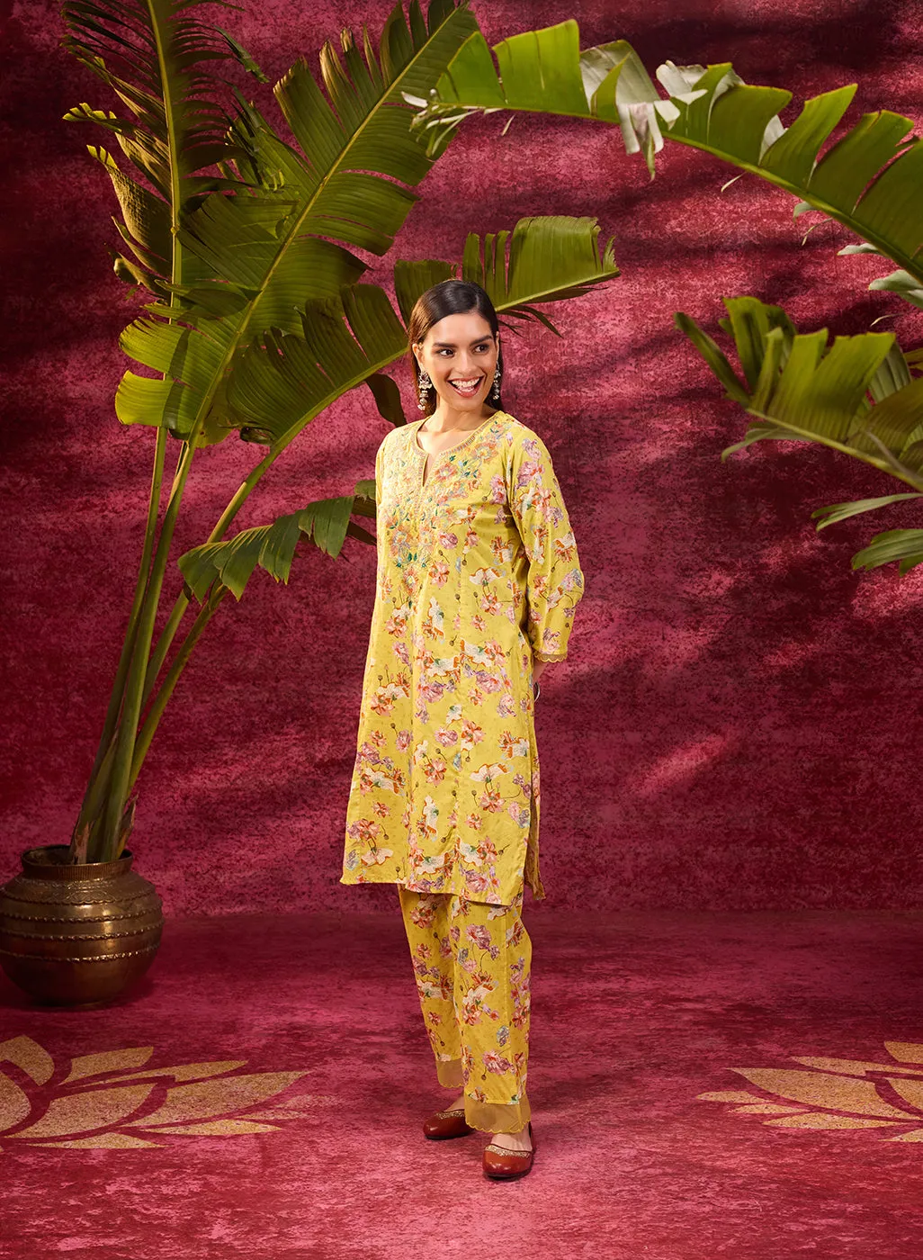 Phool Electric Yellow Printed Kurta Set for Women