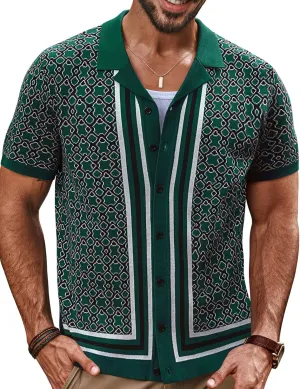 PJ PAUL JONES Mens 70S Shirts Vintage Shirts Button Down Cuban Collar Knitted Polo Shirt