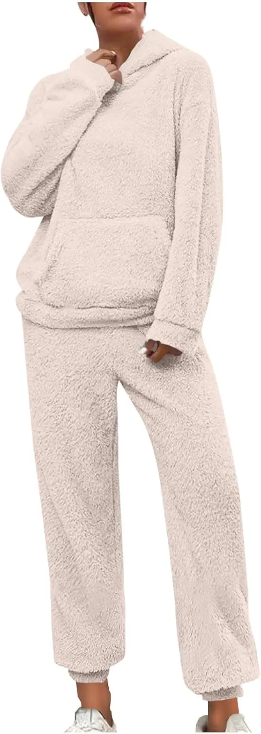 Plus Size 2 Piece Sets Women Long Sleeve Pajama Set Hooded Sweatshirt and Elastic Solid Pants Fuzzy Lounge Set