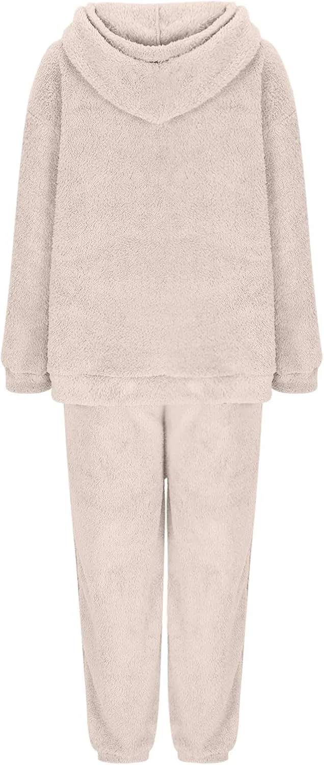 Plus Size 2 Piece Sets Women Long Sleeve Pajama Set Hooded Sweatshirt and Elastic Solid Pants Fuzzy Lounge Set