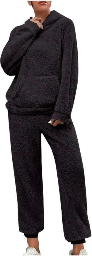 Plus Size 2 Piece Sets Women Long Sleeve Pajama Set Hooded Sweatshirt and Elastic Solid Pants Fuzzy Lounge Set