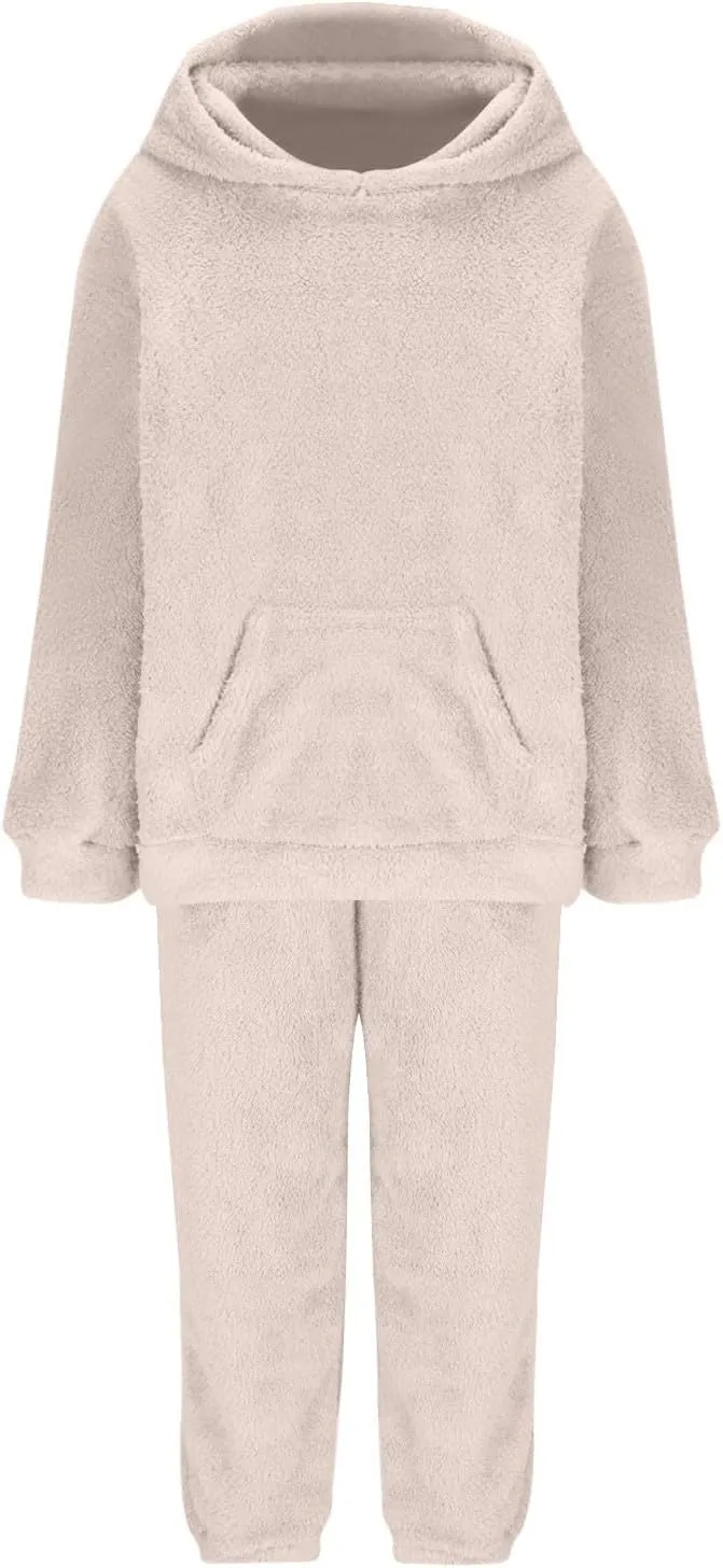 Plus Size 2 Piece Sets Women Long Sleeve Pajama Set Hooded Sweatshirt and Elastic Solid Pants Fuzzy Lounge Set